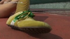 Blonde whore getting all hot and horny by herself on the tennis court Thumb
