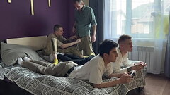 Stepfather and stepson fuck twinks in their tight asses while they play the console Thumb